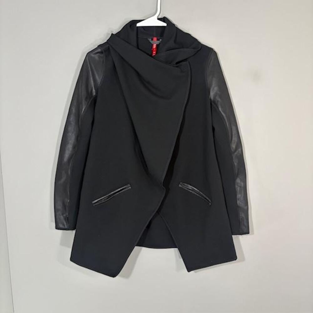 Spanx Jacket Womens Small Black Knit Faux Leather Sleeves Snap Front Collared